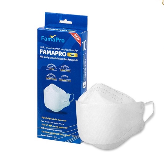 Hộp 10 Khẩu Trang Y Tế Cao Cấp Kháng Khuẩn 3 Lớp Famapro 4D Chính Hãng