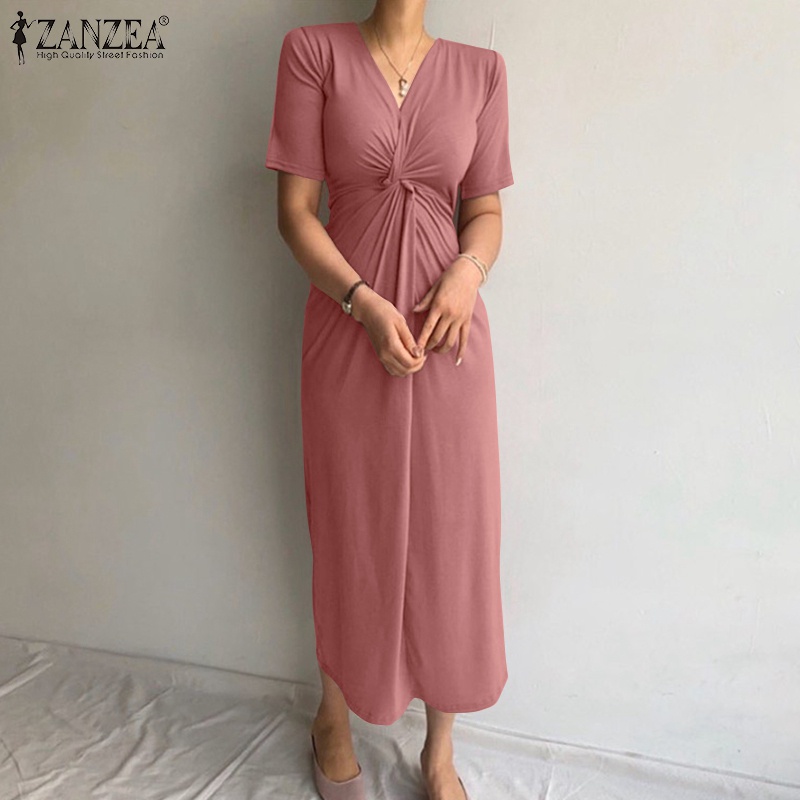 Đầm dài Zanzea ngắn tay cổ chữ V phong cách Hàn Quốc thời trang cho nữ