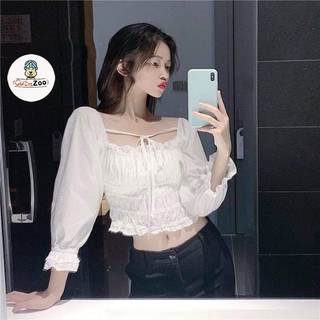 Áo croptop tay dài bèo nhún CUTEZOO áo croptop kiểu ôm chất voan mềm mát