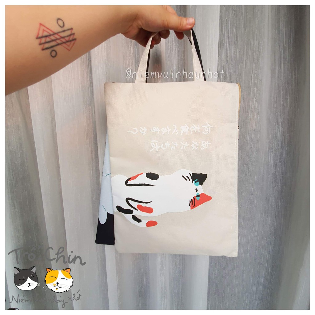 Túi vải A4 không thấm nước lót trong bằng vải canvas handmade dày dặn_Hai mẫu màu đen và trắng