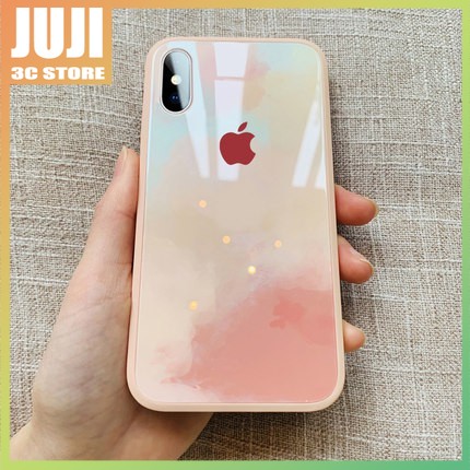 Original New Liquid Silicone Tempered Glass Watercolor iPhone 12 11 Pro Max X XS 7 8 Plus Max Official Phone Case All-inclusive Lens Protection 9H Hard Anti-drop Back Cover