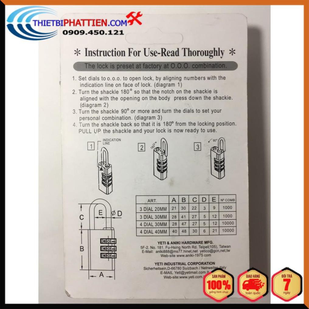 FREESHIP Ổ Khóa Số YETI 4 Phân 4 Số Thay Đổi Mật Khẩu Tùy Ý NO.440 (Chính Hãng)