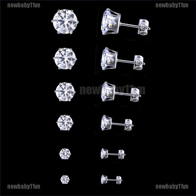 Set 6 đôi khuyên tai tròn bằng thép không gỉ đính đá zirconia cỡ 3mm-8mm thời trang