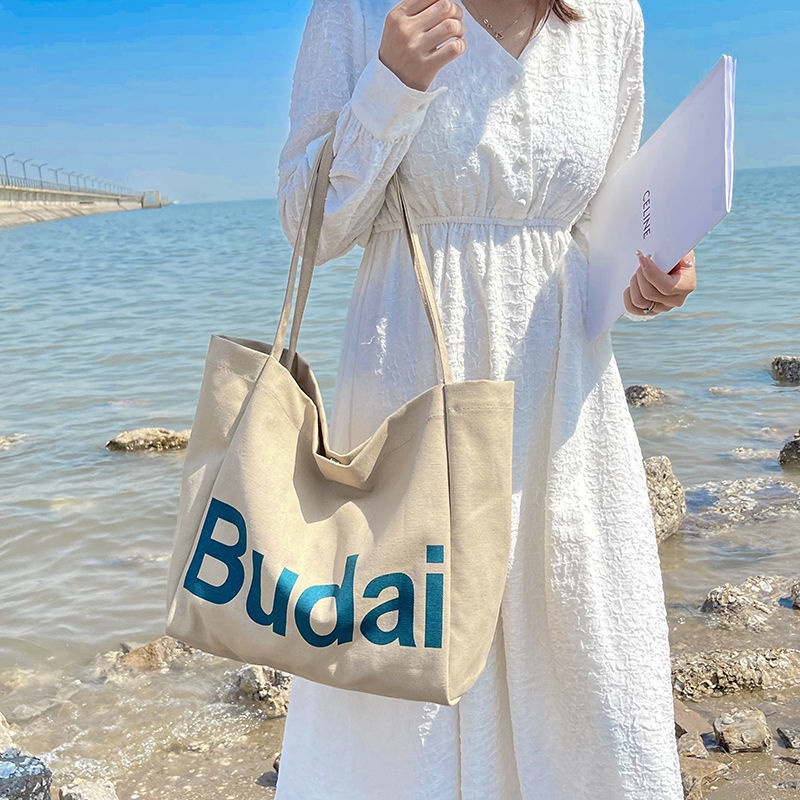 Túi xách canvas ngăn rộng in chữ phong cách Hàn Quốc