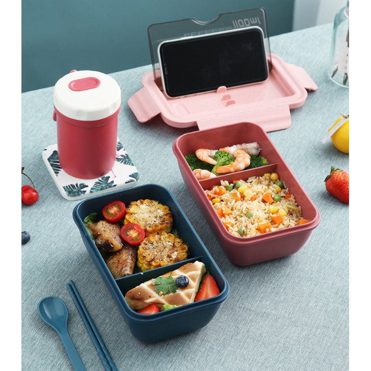 HỘP CƠM LÚA MÌ 2 NGĂN KÈM MUỖNG ĐŨA - DUNG TÍCH 1100ML | BigBuy360 - bigbuy360.vn