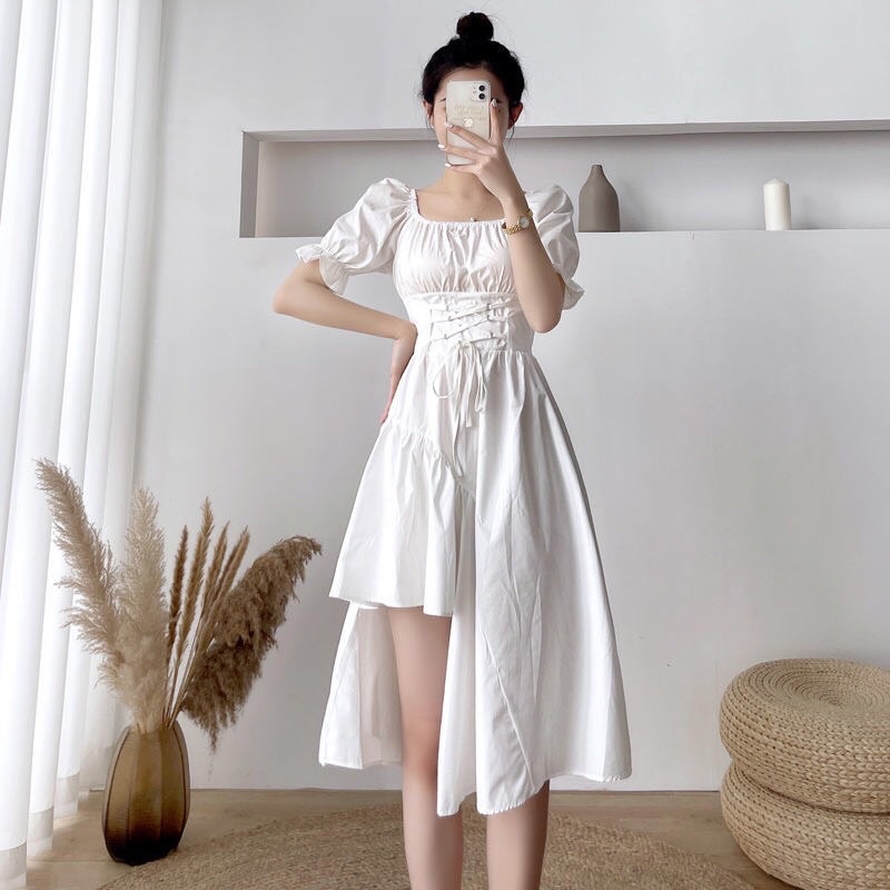 Váy Tiểu Thư Đan Eo Trễ Vai Tầng Lệch Xẻ Tà Siêu Hack Dáng Tôn Eo Chất Thô Mềm 2 Lớp Dày Dặn Siêu Xinh