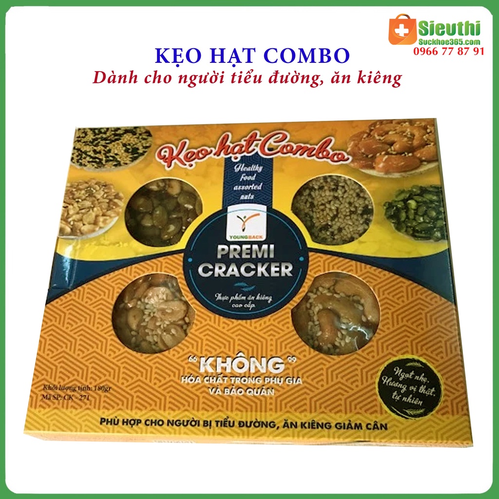 Kẹo cho người tiểu đường, ăn kiêng, kẹo hạt dinh dưỡng cao cấp Premi craker hộp 180g Siêu Thị Sức Khoẻ 365
