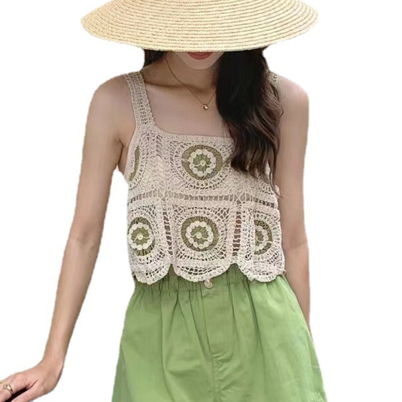 Áo Croptop Dệt Kim Không Tay Họa Tiết Hoa Thời Trang Cho Nữ