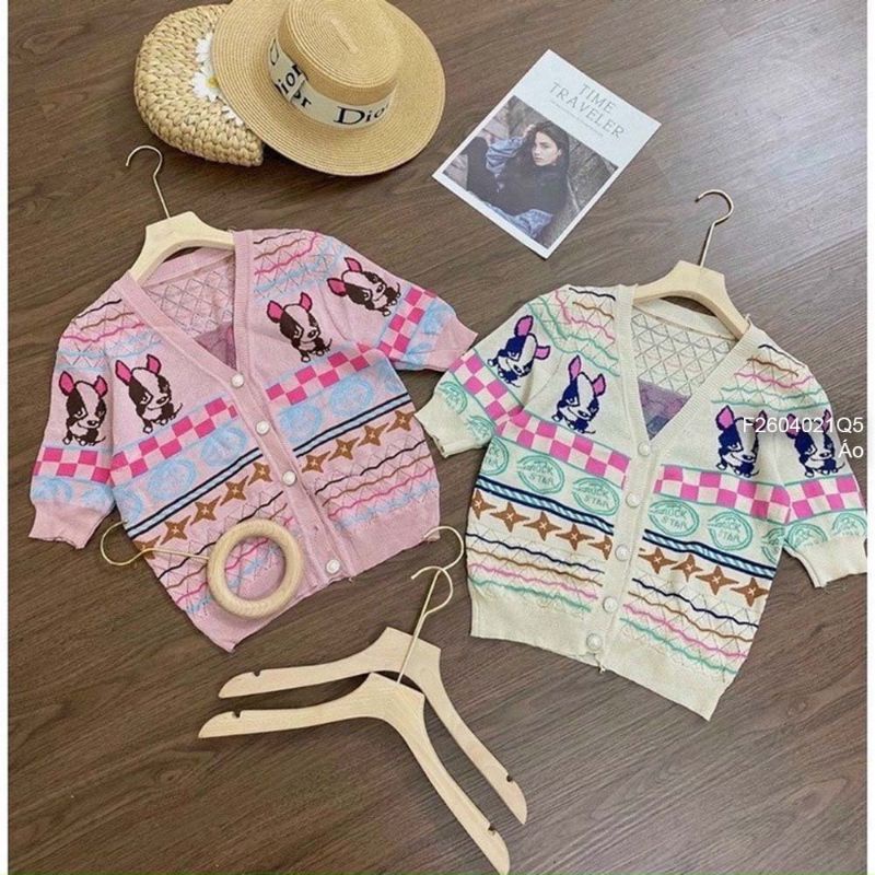 Áo len nút họa tiết phối hình chó cổ tim tay ngắn hàng Quảng Châu