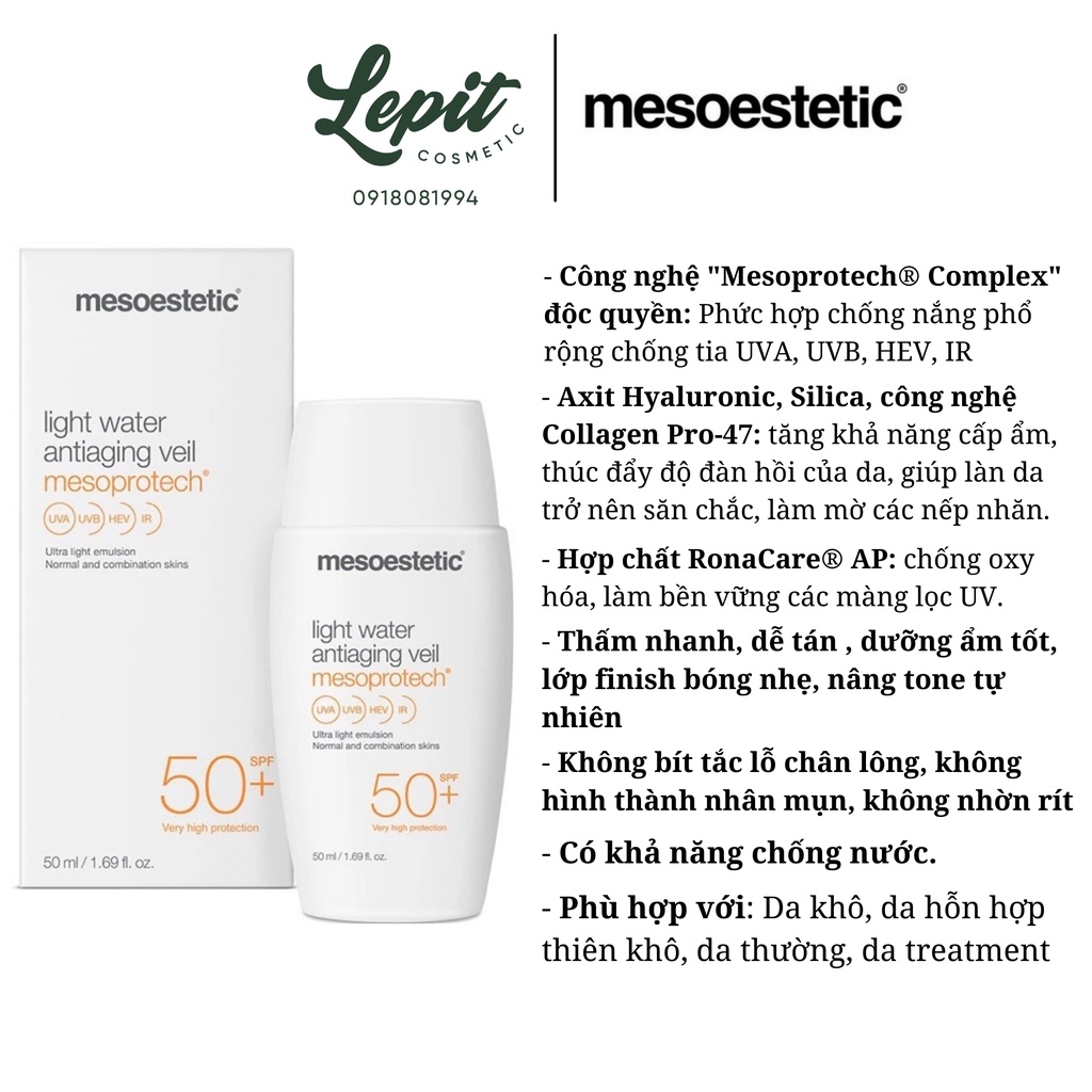 Kem chống nắng Mesoestetic Light Water Antiaging Veil và Mineral Matt Antiaging Fluid Mesoprotech SPF50+/KCN Meso