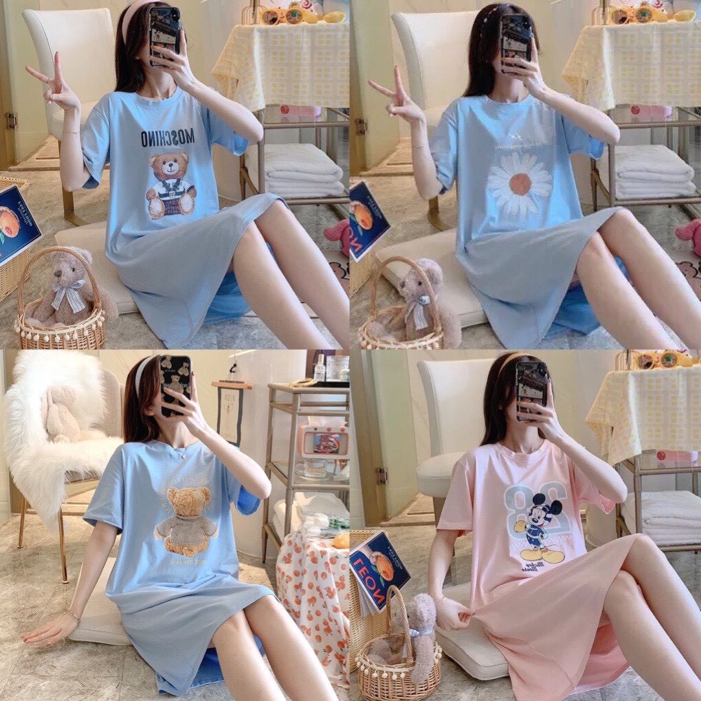 Váy ngủ ngắn tay dáng xuông 🍄HÀNG QUẢNG CHÂU🍄Đồ ngủ  pijama  sexy chất cotton thoáng mát co giãn tốt