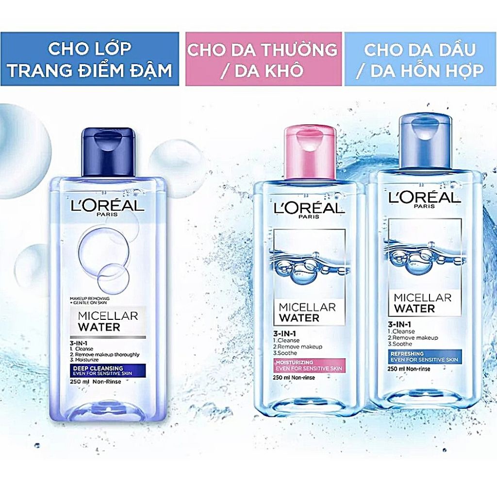 Nước Tẩy Trang L'Oreal Paris 3-in-1 Loreal Micellar Water Da Dầu,Da Nhạy Cảm,Da Khô.Sạch Sâu,Tươi Mát,Dưỡng Ẩm.