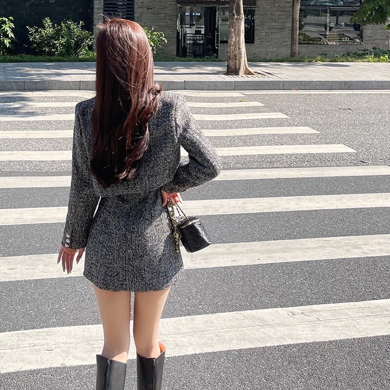 Set váy hai dây + áo khoác croptop dạ tweed sang chảnh