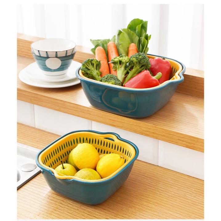 Set 3 Rổ Rửa Rau Củ, Trái Cây KIÊM CHẬU S6 HAI LỚP - Rổ Để Thực Phẩm Ăn Lẩu Khô Ráo Có Lỗ Treo - Nhiều Size