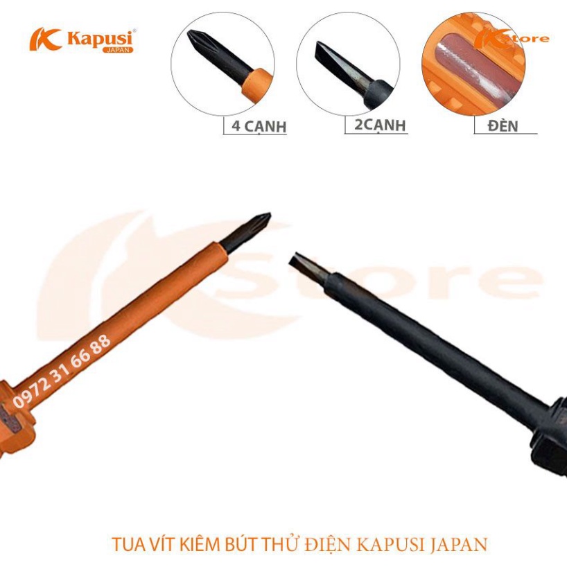 TUA VÍT CÁCH ĐIỆN KIÊM BÚT THỬ ĐIỆN KAPUSI JAPAN 200-500V 4x160MM, TÔ VÍT -  TUỐC NƠ VÍT KIỂM TRA DÒNG ĐIỆN