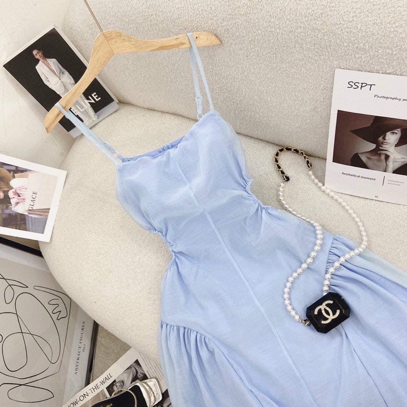 Đầm midi 2s xanh khoét eo lên dáng chuẩn form mẫu kèm ảnh thật trải sàn