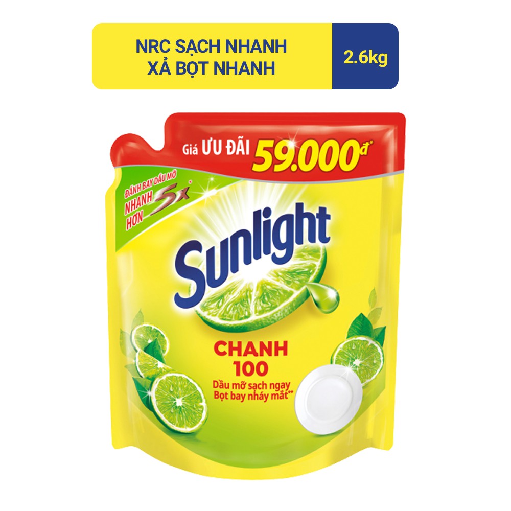 Nước rửa chén sunlight chanh mới sạch nhanh xả bọt nhanh túi 2.6kg