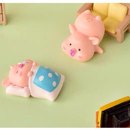 Set 6 mô hình heo hồng, tượng heo dưa hấu tiểu cảnh đáng yêu Ráp trang trí bàn làm việc, bàn học, để xe taplo ô tô