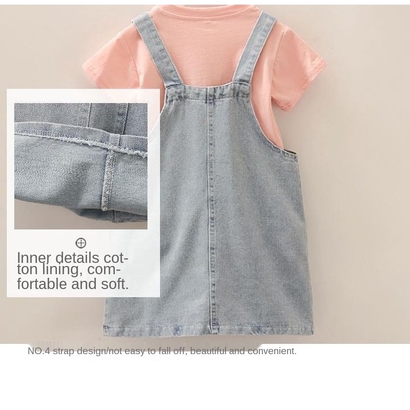 Set đồ gồm áo thun tay ngắn + chân váy yếm denim thời trang mùa hè 2021 dành cho bé gái