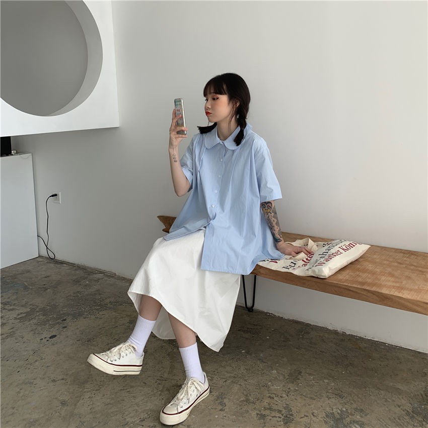 Áo sơ mi học sinh cổ sen / Áo kiểu cộc tay phong cách Nanno