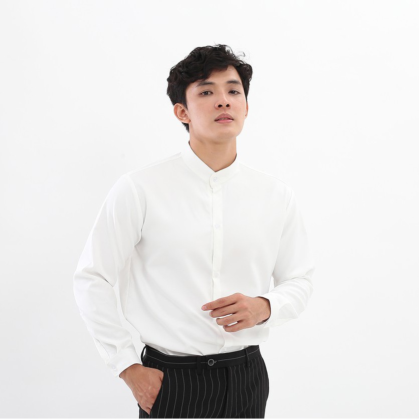 Sơ mi nam cổ trụ trắng đen cao cấp Hamino chất lụa đẹp mềm mại form rộng thời trang Hàn Quốc B | BigBuy360 - bigbuy360.vn