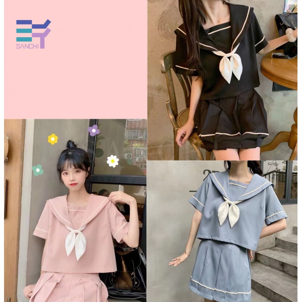 Bộ Đồng Phục Học Sinh Nhật Bản Gồm Áo Sơ Mi Cổ Thủy Thủ Màu Đen/Xanh Dương/Hồng Cho Nữ
