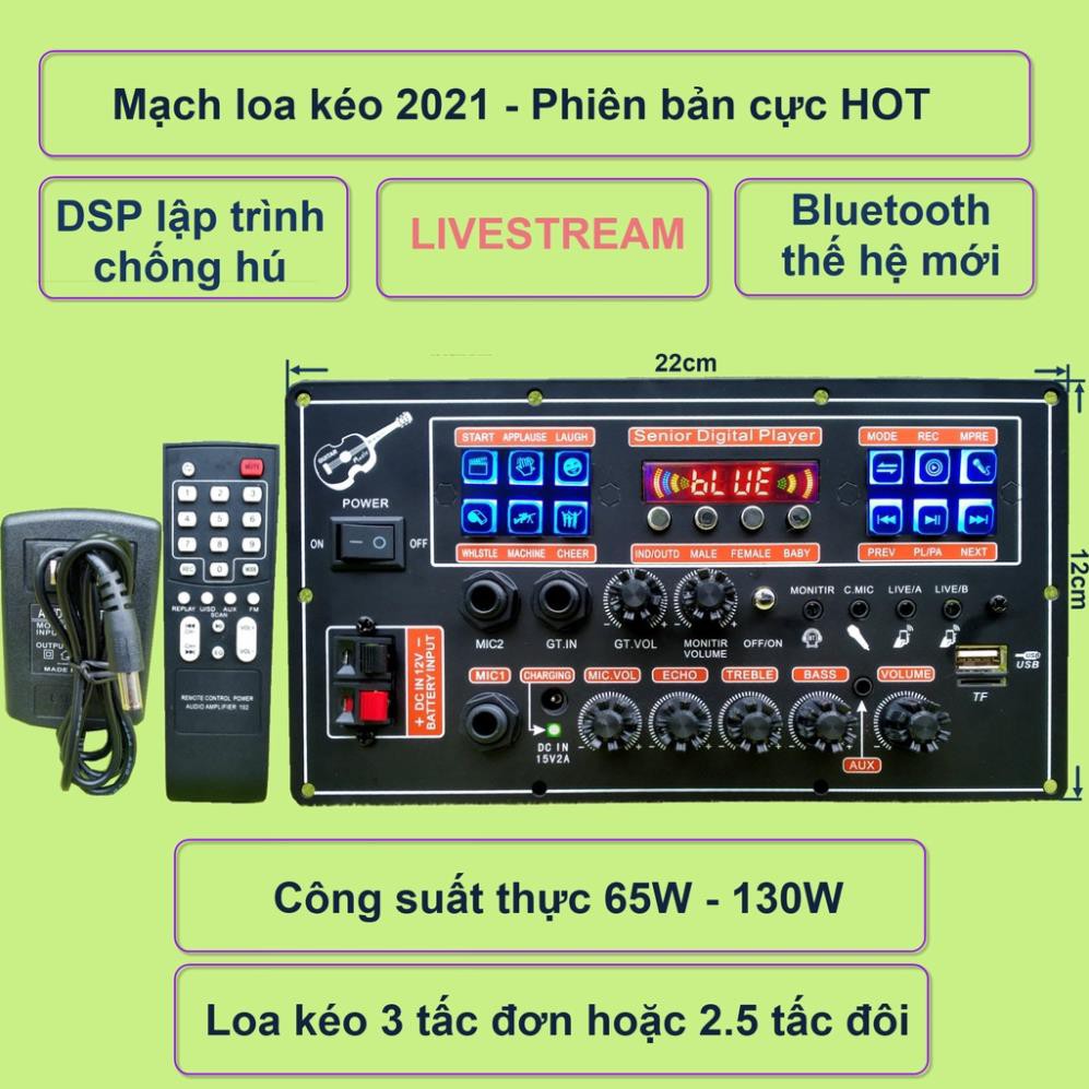Mạch loa kéo LIVESTREAM DSP lập trình chống hú IC MD9840 công suất 130W kèm mic kèm micro