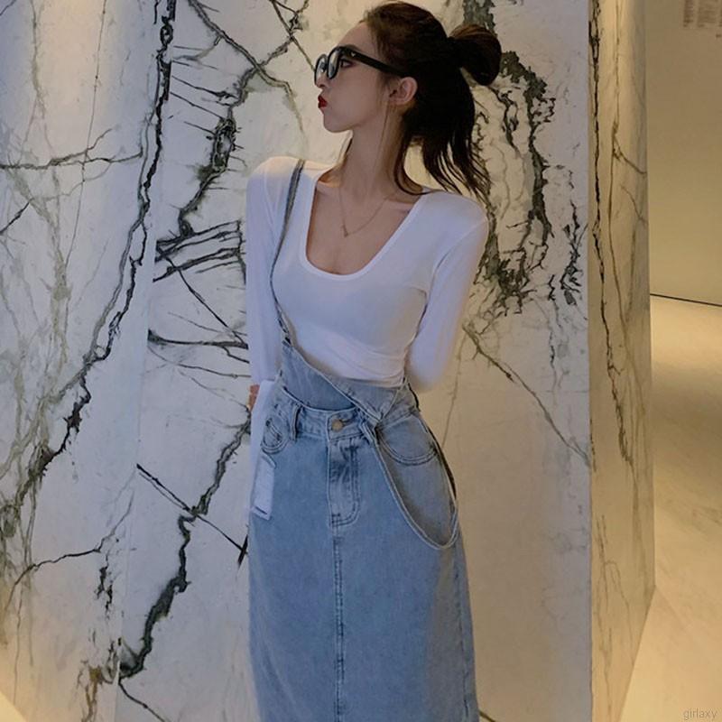 Áo cổ chữ U tay dài màu trơn phong cách Hàn Quốc trẻ trung cho nữ