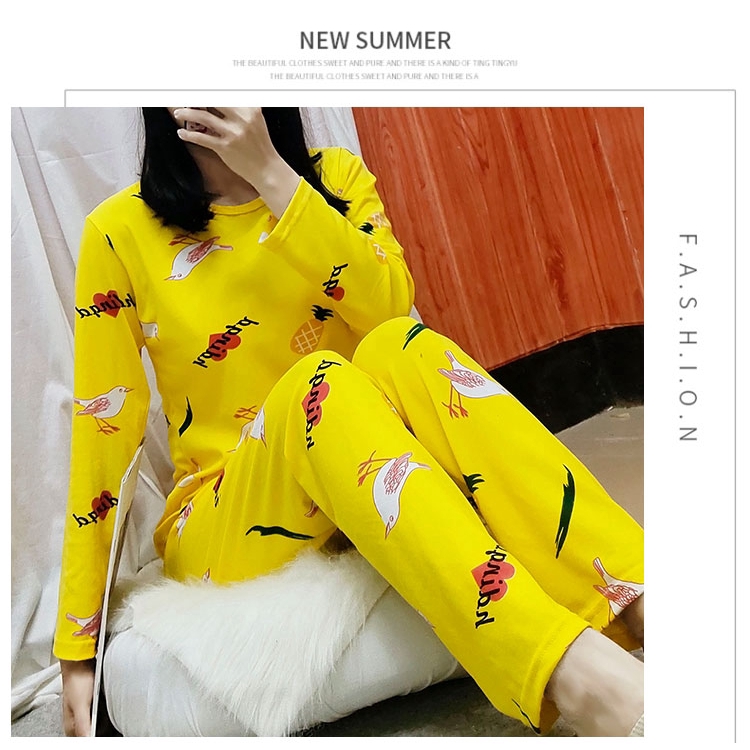 xiaohan korea Spring and Autumn loose nightwear round neck long sleeve sleepwear set cute print women baju tidur | BigBuy360 - bigbuy360.vn