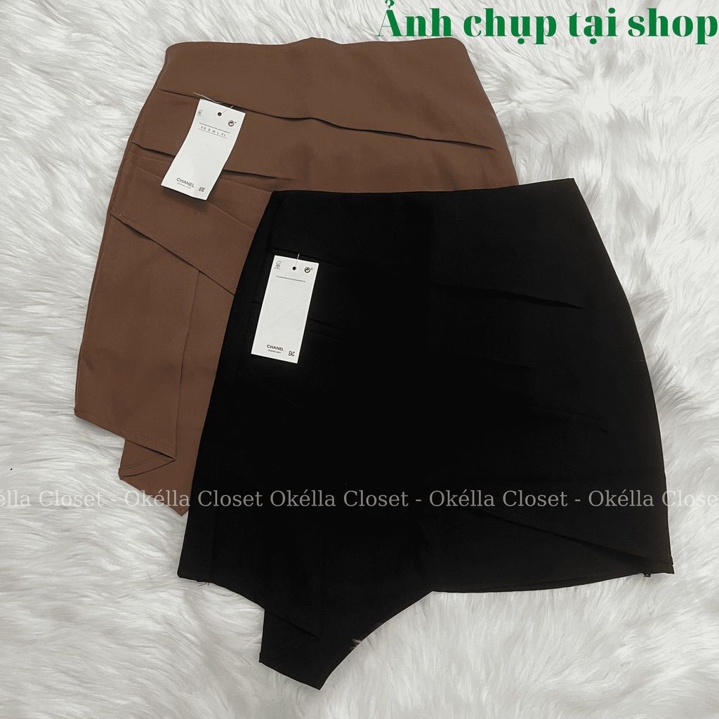 Chân váy A cách điệu vạt chéo bên hông, chân váy nữ dáng ngắn cạp cao 2 màu nâu đen Okella CV009 (có ảnh thật)