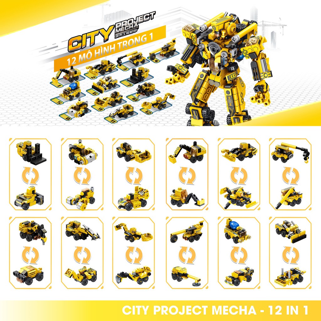 Bộ lắp ghép kiểu LEGO 12 in 1 mô hình CITY Project Mecha, bộ ghép hình cho trẻ phát triển tính sáng tạo