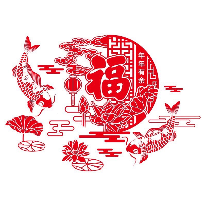 Decal trang trí Tết - Nửa Vầng trăng cá chép Ánh VÀNG - ĐỎ cao cấp