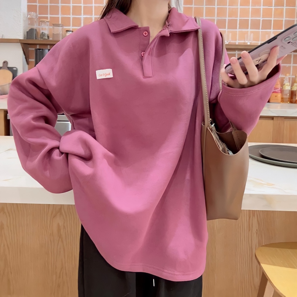 Áo Sweater Polo Nỉ Nữ Màu Tím Logo Ngực Dáng Thụng Cổ Cao from rộng 65kg-Minxy shop