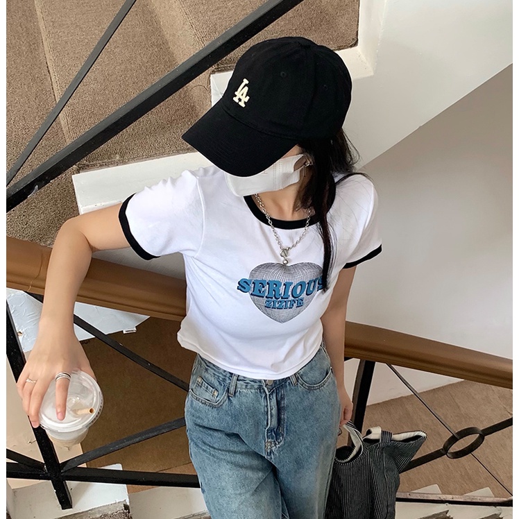 Áo Thun cotton Ngắn Tay Hở Vai Ôm Dáng Màu Sắc Tương Phản Thời Trang Cho Nữ