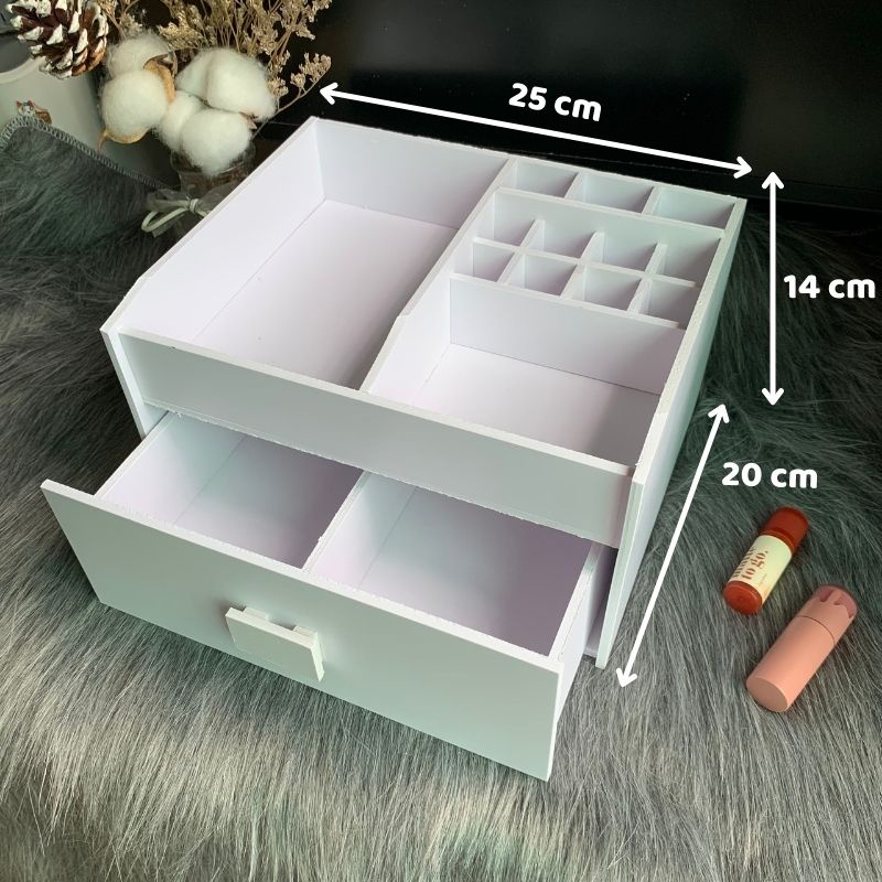 Kệ đựng mỹ phẩm IMA Store trắng 25cm tiện dụng có khay đựng son 11 ô và ngăn kéo chống bụi