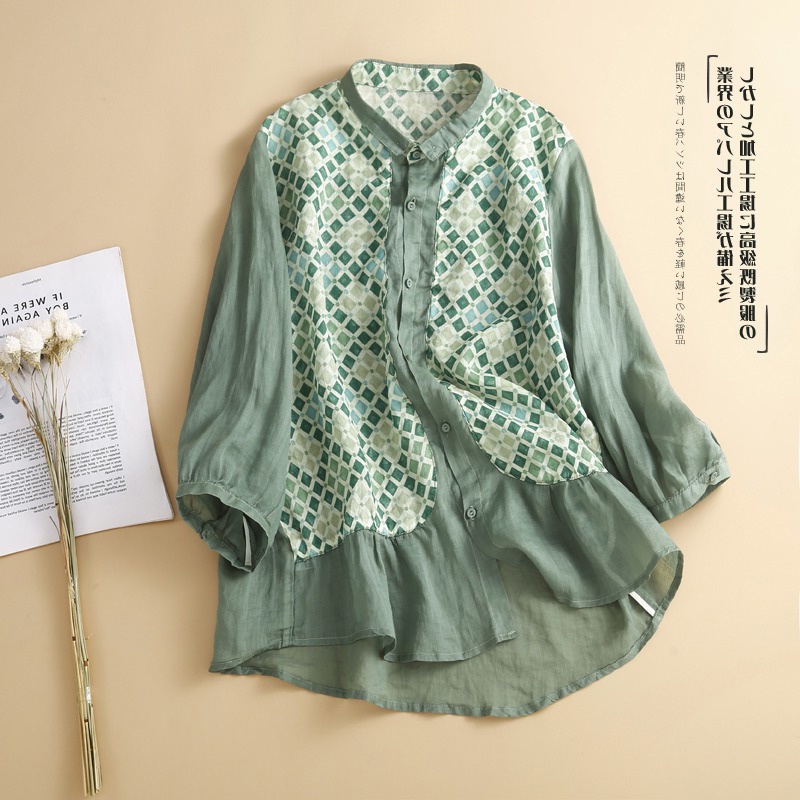 Áo Sơ Mi Lanh Cotton Mỏng Tay Ngắn Dáng Rộng In Họa Tiết Phong Cách Nhật Bản Thời Trang Cho Nữ