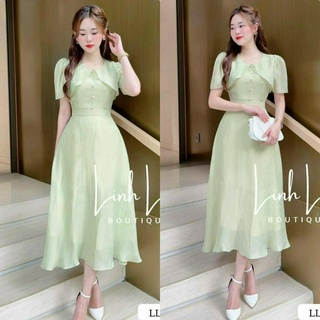 Váy đầm tiểu thư màu xanh lá mạ non đính cườm xinh xắn thanh lịch