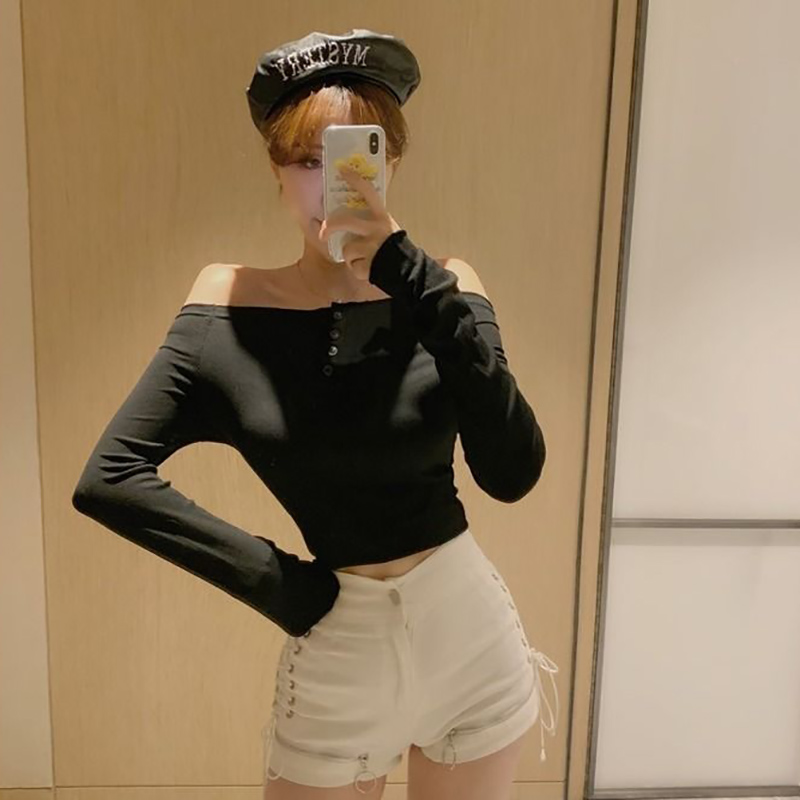 IELGY Áo Thun Crop top Tay Dài Một Mảnh Trễ Vai Eo Cao Cho Nữ