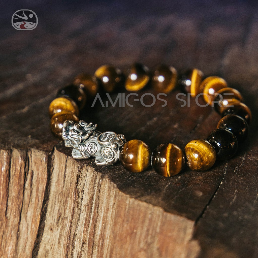 Vòng tay phong thủy handmade đá mắt hổ vàng + charm Tỳ Hưu Bạc
