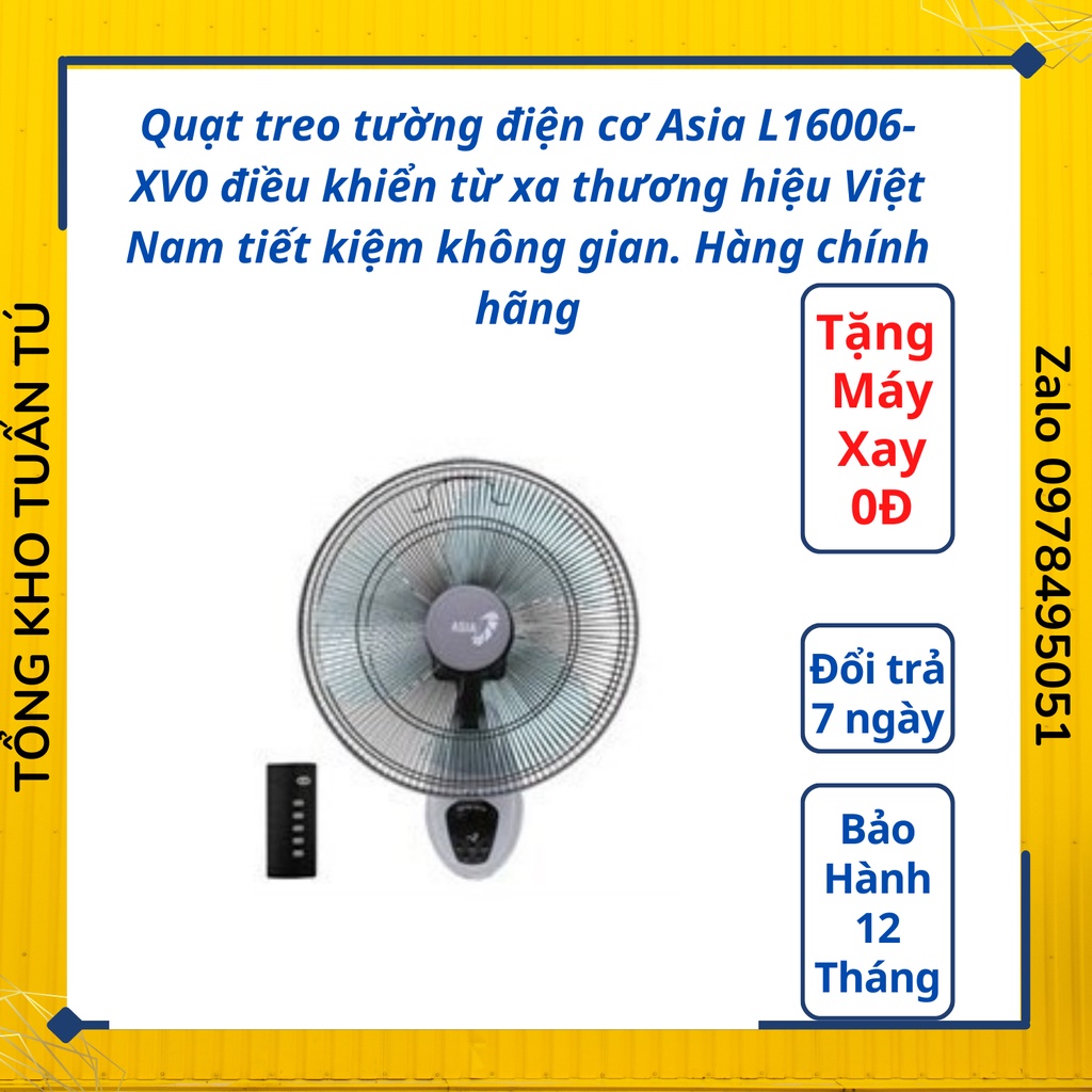 Quạt treo tường điện cơ Asia L16006-XV0 điều khiển từ xa thương hiệu Việt Nam tiết kiệm không gian. Hàng chính hãng