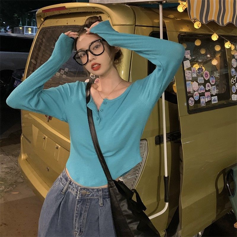 Áo Thun Dệt Kim Tay Dài Dáng Ngắn Thời Trang 2022 Cho Nữ