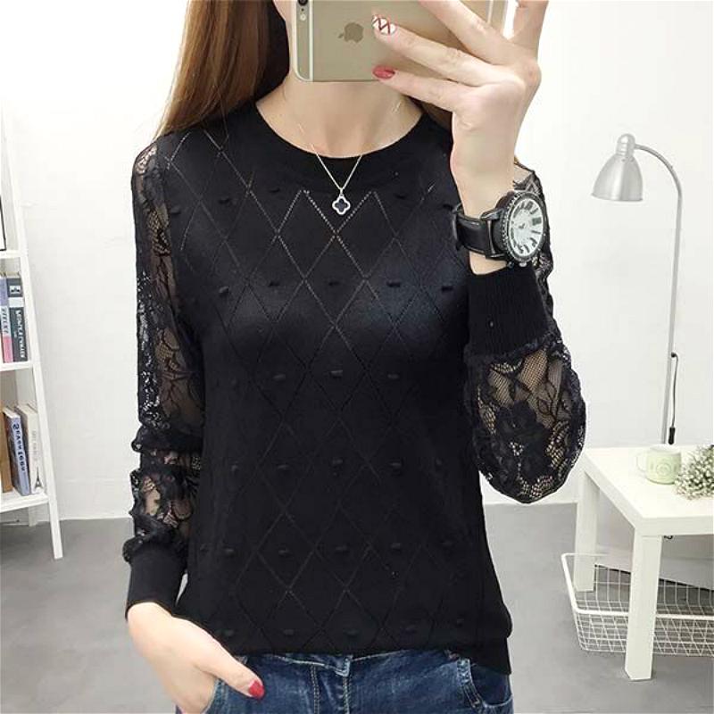Áo Sweater Dệt Kim Mỏng Dáng Rộng Phối Ren Phong Cách Hàn Quốc Mới