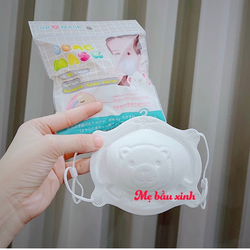 Set 3 Khẩu trang hình gấu 3D cho bé từ 0-3 tuổi thương hiệu Unimask cao cấp xuất Nhật, dây có nút điều chỉnh