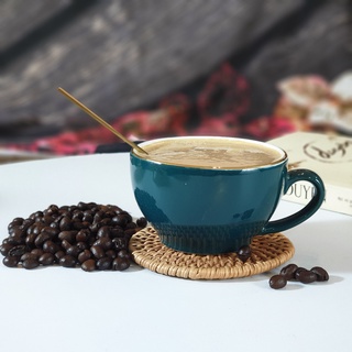 Bộ tách capuchino Xưởng Gốm Việt men xanh kẻ chỉ vàng 12k 210ml