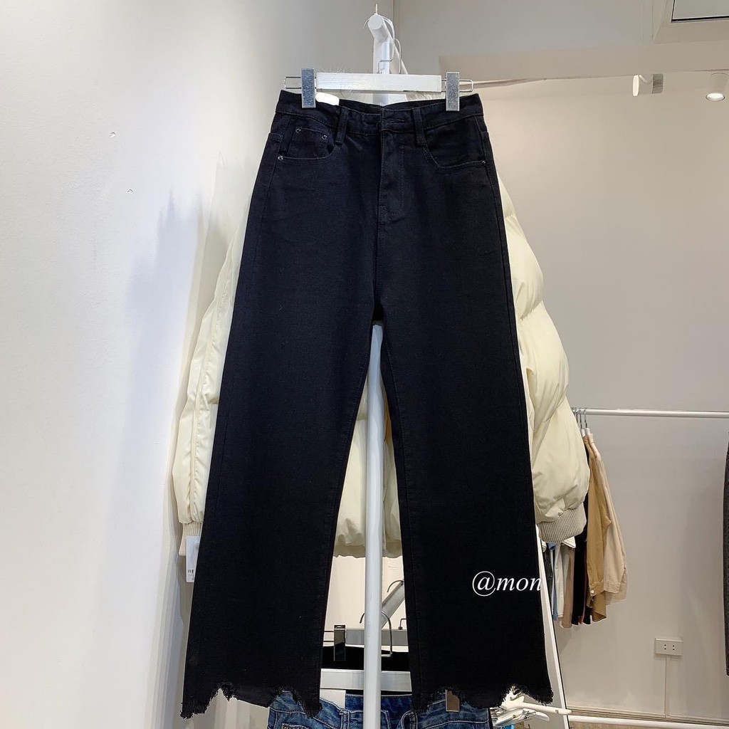 190517 Quần baggy jeans nữ ulzzang ống đứng form vừa tua rua gấu 2 màu có size