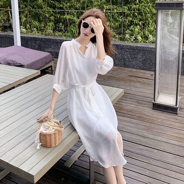 Douyin Đầm Sơ Mi Trắng Tay Lửng Phong Cách Phương Tây Giảm Độ Tuổi Trung Niên 2022