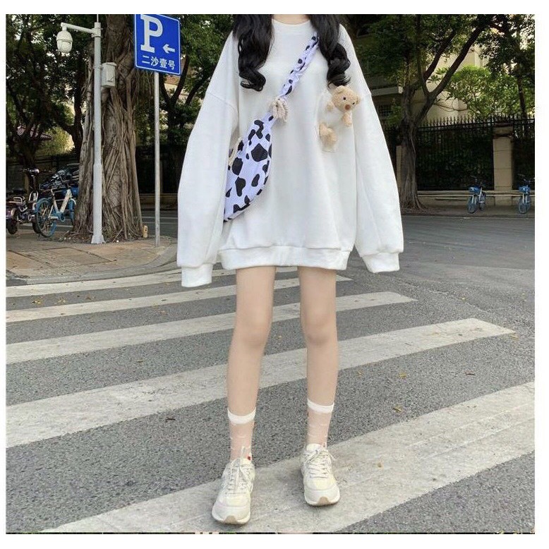 (TẶNG GẤU) ÁO SWEATER TAY DÀI CỔ TRÒN PHỐI TÚI HÌNH GẤU BÔNG CUTE TÍM ĐEN TRẮNG - ÁO NỈ GẤU - Student Autumn Casual Loos