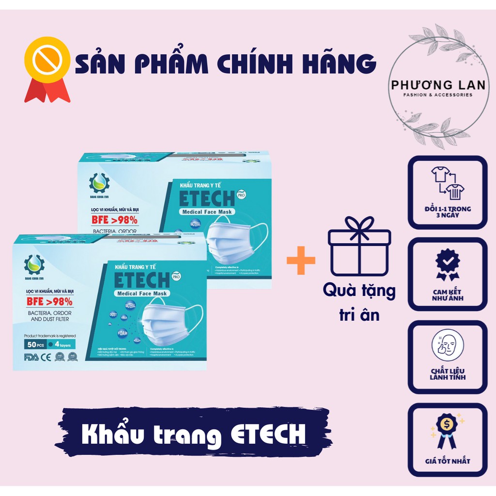 [50 Cái] Khẩu Trang Y Tế 4 Lớp Hàng Ettech  Kháng Khuẩn Vải Đẹp Định Lượng Cao Giúp Tránh Bụi Bẩn Vi Khuẩn Có Hại