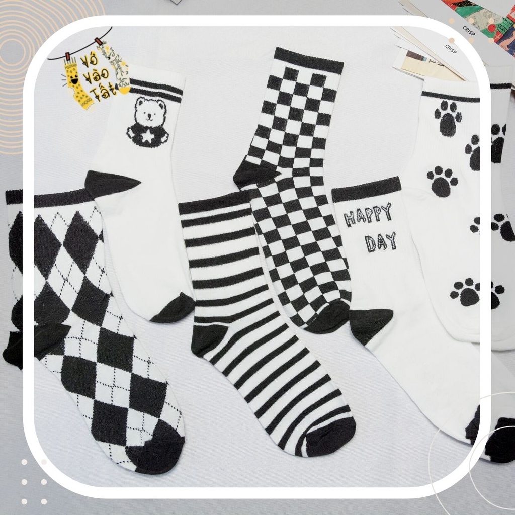 TẤT VỚ UNISEX NAM NỮ CỔ CAO TRẮNG ĐEN HỌA TIẾT