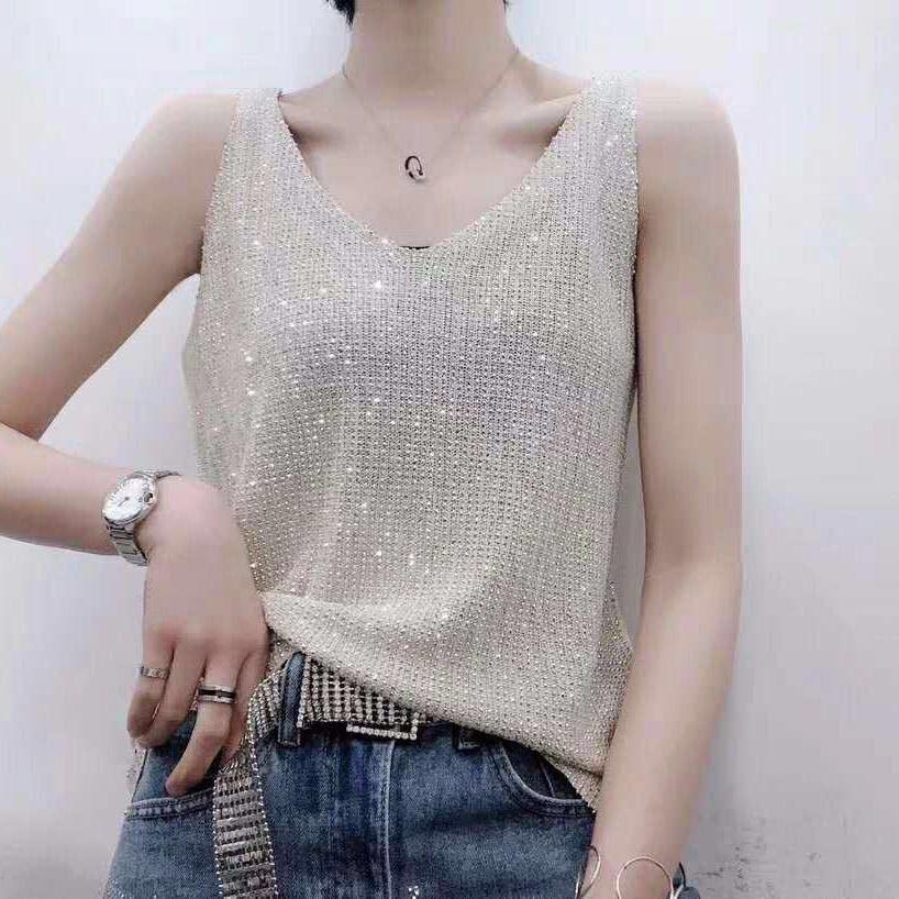Áo Dệt Kim Sát Nách Đính Đá Thời Trang Mùa Hè Cho Nữ